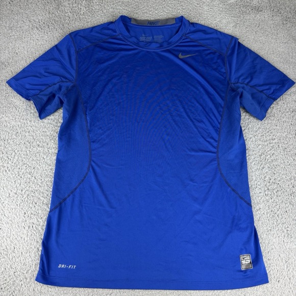Nike Pro Combat Shirt Mens Large Dri Fit Fitted Blue Short Sleeve Athletic Gym - Picture 1 of 9